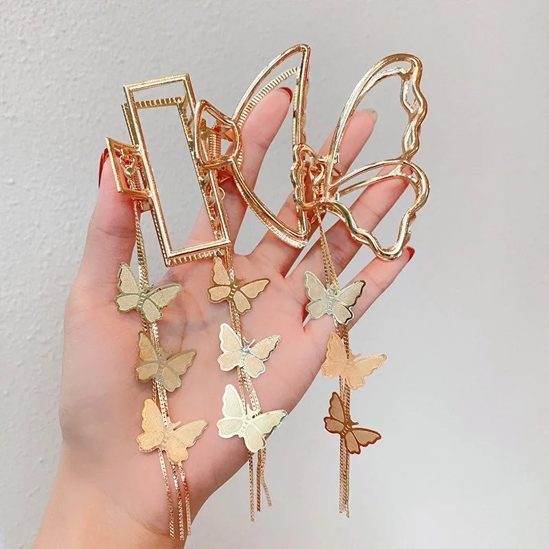 2024 Women Gold Geometric Butterfly Hair Claw Vintage Long Pendant Hair Clips women fashion Hair Accessories