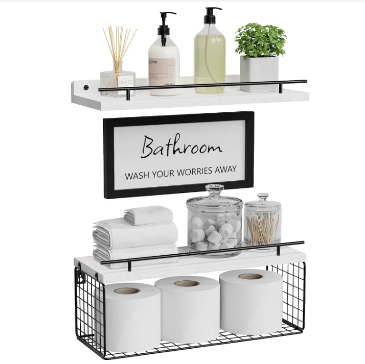 Wood Floating Bathroom Shelves over Toilet Rustic Floating Shelf for Wall Decor with Toilet Paper Storage Basket Set of 3