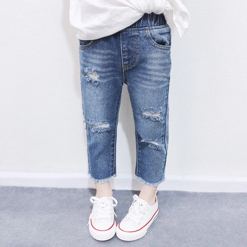 
2020 Fashion Kid Girl Spring Autumn Washed Distressed Ripped Casual Jeans Cute Denim Pants for 2-7T 