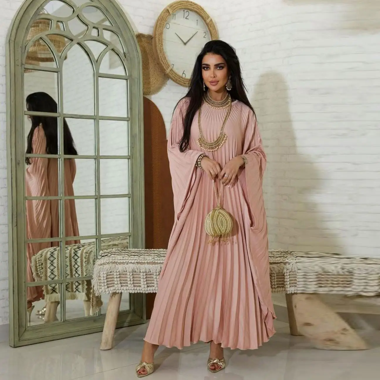 Abayas For 2 Wholesale Eid Modest Turkey Islamic Wasted Batwing Sleeve Pleated Abaya Luxury Women Muslim Dress Abaya Dubai 2024