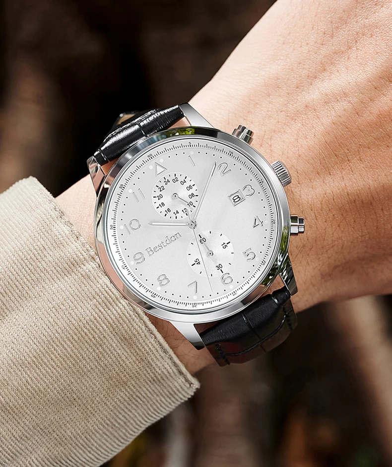 Trend design classical sports waterproof Genuine Leather men quartz watches wristwatches with Two Time Zone