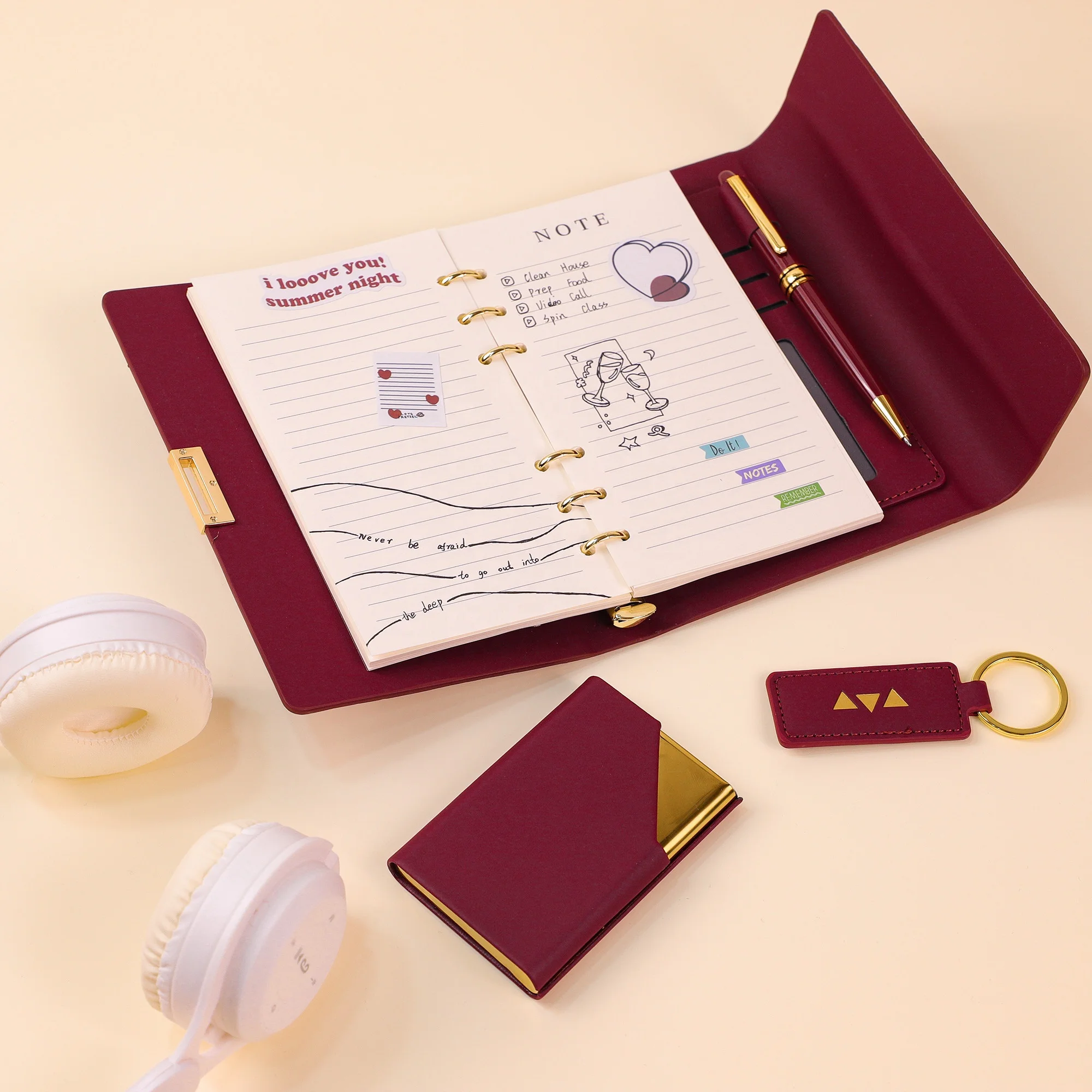 Luxury PU Leather Loose-leaf Notebook Gift Set Metal Buckle Oil Side Agenda Planner 2025