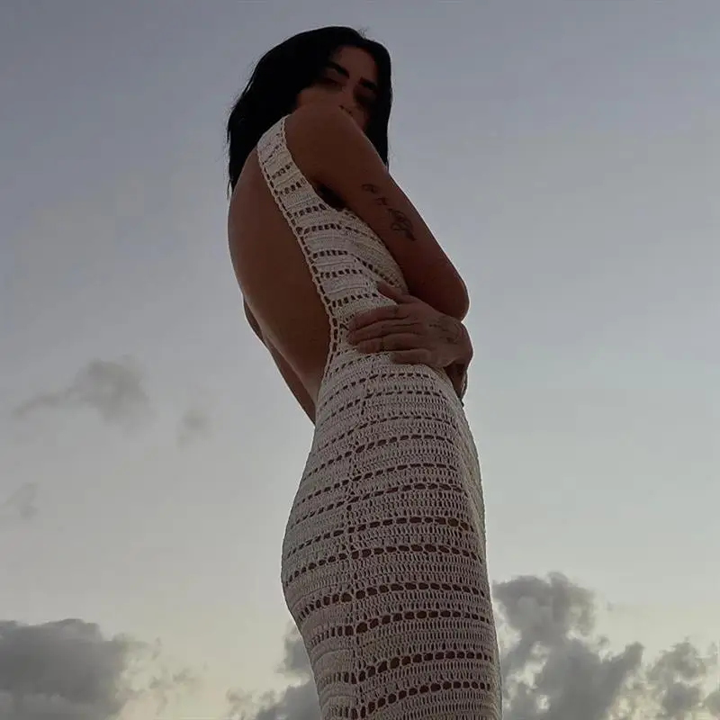Famaker Knit Hollow Out Sexy Backless Beach Maxi Dress Women Summer Holiday Sleeveless Elegant Long Dresses