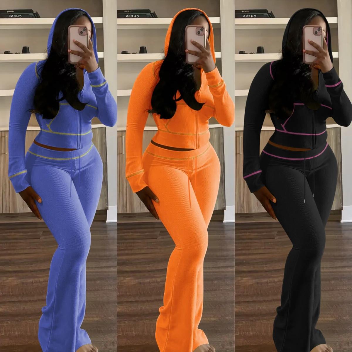 X16650C Waffle Knit Lounge Wear Sets Basics Zipper Hoodie Jacket And Flared Pants tracksuits Women 2 Piece Sets waffle set