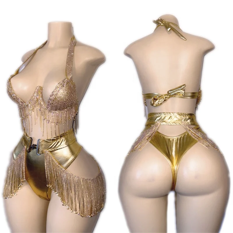 Wholesale Exotic Dancewear OEM Factory Popular Metallic Gift Show Costumes Diamond Stripper Outfit