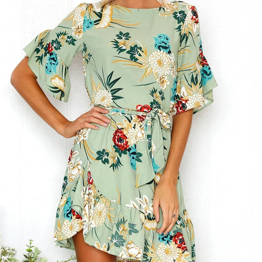 Cross-border European and American fashion flounced hem hem short sleeve belt printed dress women
