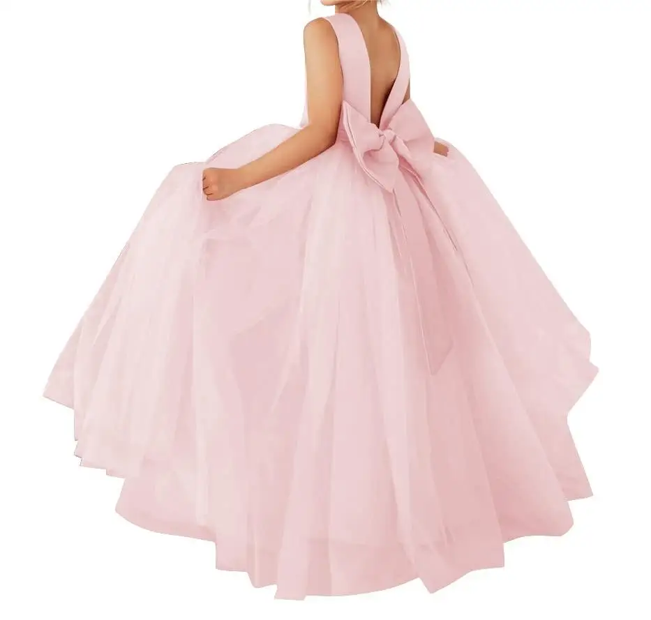 High Quality Girl Wedding Dress Flower Girl Birthday Party Dresses  Satin Tulle Princess Pageant Dress  with Bow-Knot