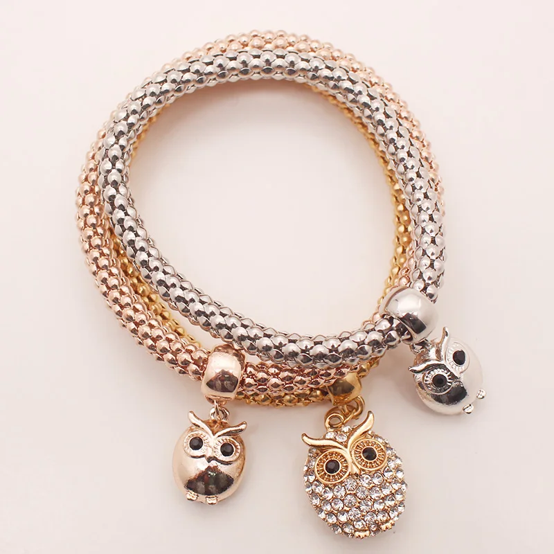 Stretch Stackable Bracelet Set Gold Silvertone Rose God Owl Elastic Corn Chain Bracelets Crystal Thick Bangle Bracelet for Women
