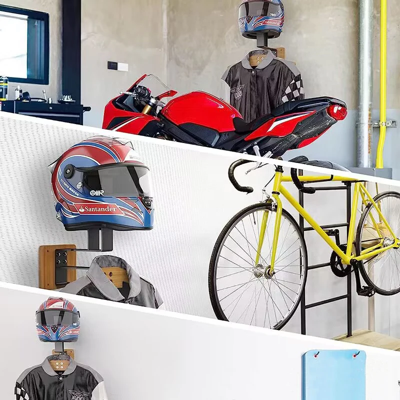 Wall Mounted Iron Motorcycle Helmet Rack Bike Helmet Holder with Wooden Jacket Coat Hanger and Key Hook