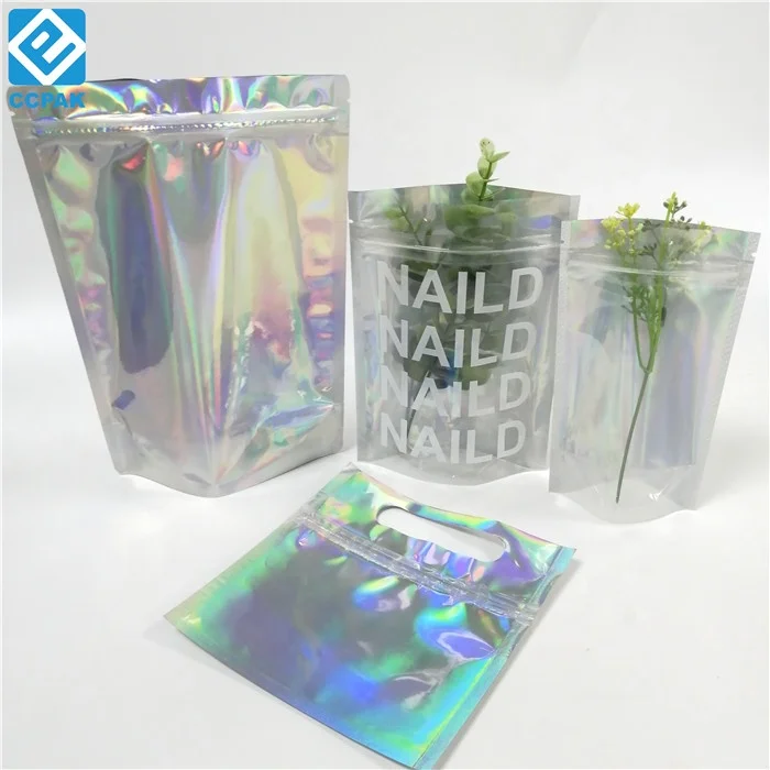 Doy pack hologram pouches transparent clear front logo white printing OEM nail polish packaging bags