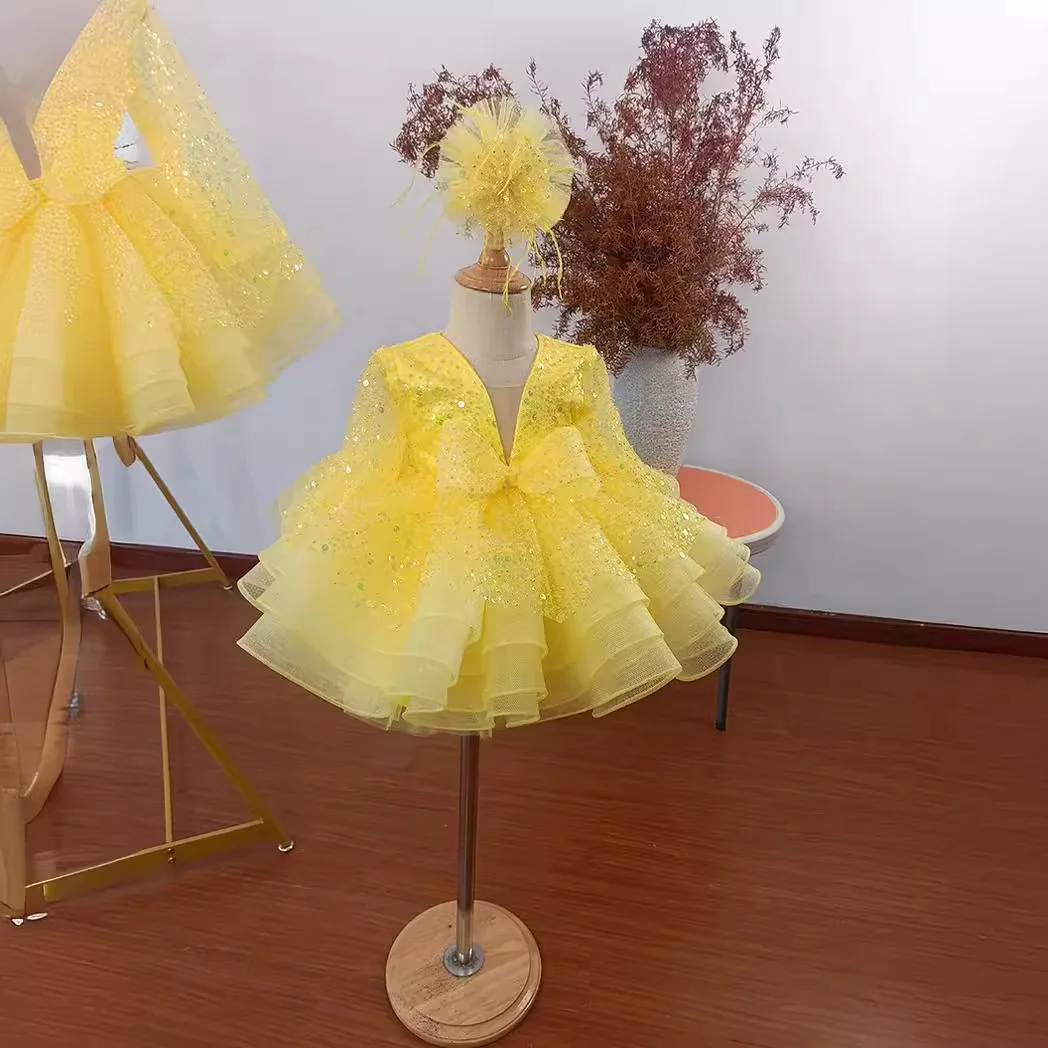 Baby Girls 1st Birthday Formal Ball Gown Kids Stage Perform Clothes Dress Flower Girls Sequin Gauze Puffy Dresses