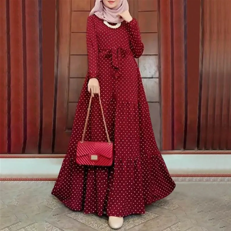 New Design Casual Wear Islamic Clothing Polka Dot Abaya dubai Ladies Party Women Turkey Dresses robe Muslim ethnic crew neck