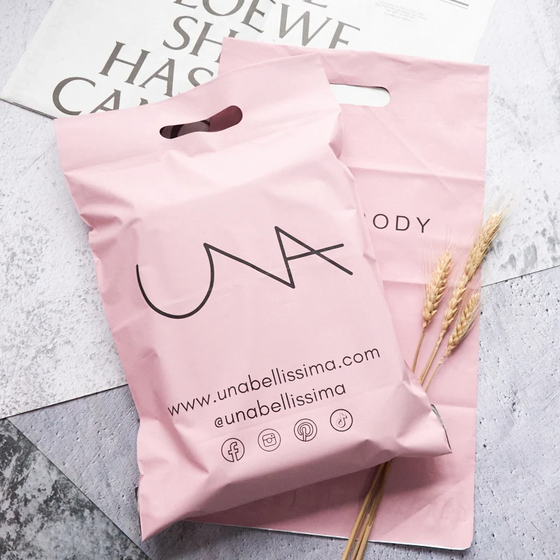 custom print logo luxury pink plastic mailing courier poly mailer shipping packing postage bag with handle for magazine