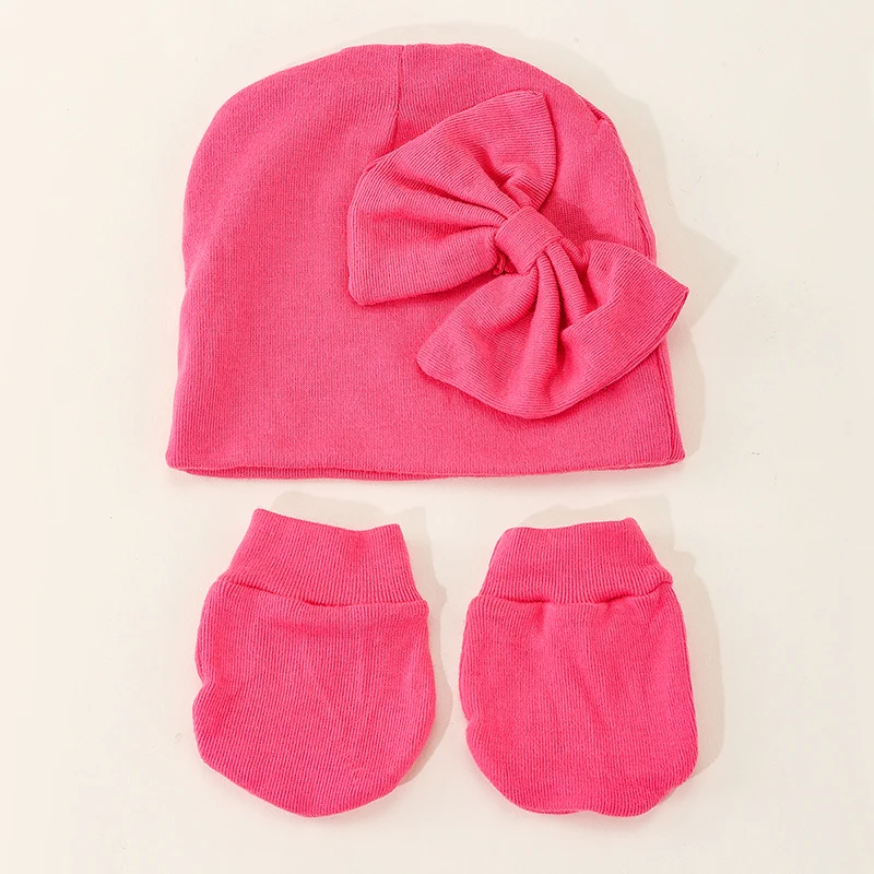 Wholesale Bow Boys Girls Cotton Newborn Babies Knit Soft Knitted Mittens New Baby Hat With Mittens Set