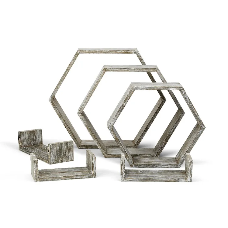 Set of 6 Decorative Wooden Wall Mounted Storage Shelf 3 Hexagon Shape 3 Small U Shape Floating Wood Shelves