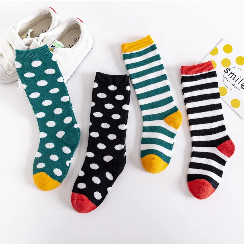 High quality kids girl socks fashion happy striped dot cotton kids knee high socks