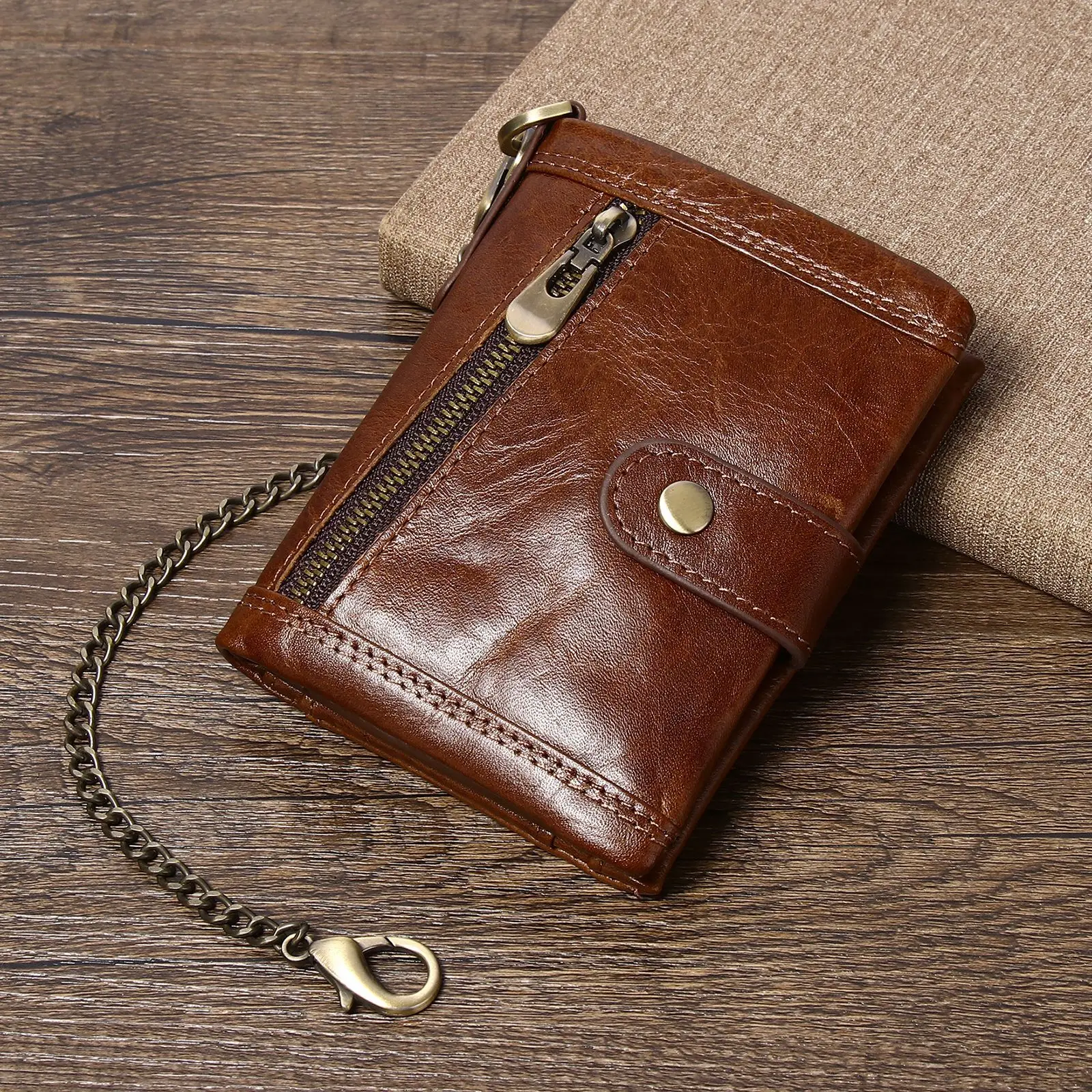 RFID Block Short Wallets for Men Genuine Cow Leather Male Vintage Triflod Wallet Coin Purses With Chain