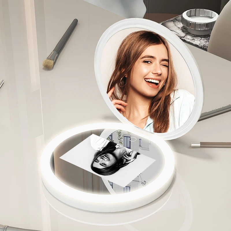 Small LED Light Cosmetic Double Sides Pocket Mirror Illuminated Folding Travel Vanity 2X Magnifying Mirror with UV Camera