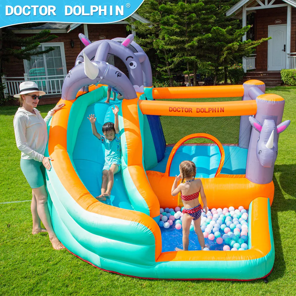 Doctor Dolphin Multi Color Rhino Outdoor Family Party Combo Moonwalk Water Slide Jumping Castle Inflatable Bounce House