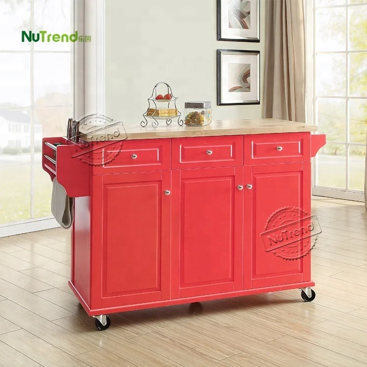 Rubber Wood Top Big Rolling Organizer Cart  3 Doors 3 Drawers Classical Kitchen Islands Movable Storage Cabinet on Wheels