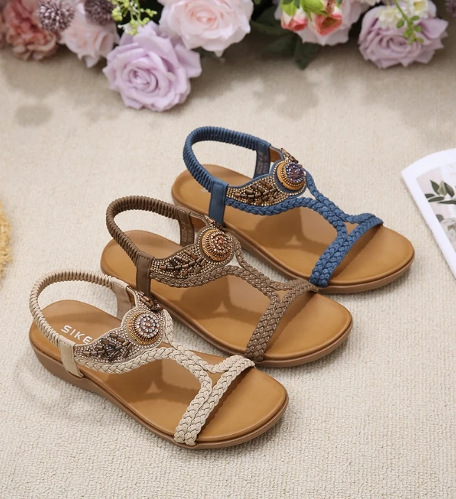 Summer New ladies Elastic Belt flats sandals Fashion Women Knitted beach Sandals wholesale women casual sandals customization