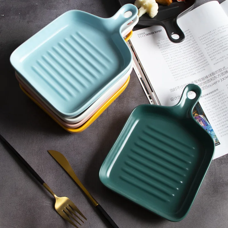 GC Creative Nordic Ceramic Baking Pan for Oven with Handle Rectangular Cake Bakeware Porcelain Plate