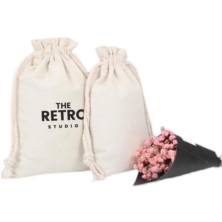 Custom logo silk screen print organic cotton muslin double  canvas handbag shopping drawstring pouch dust bag for shoe