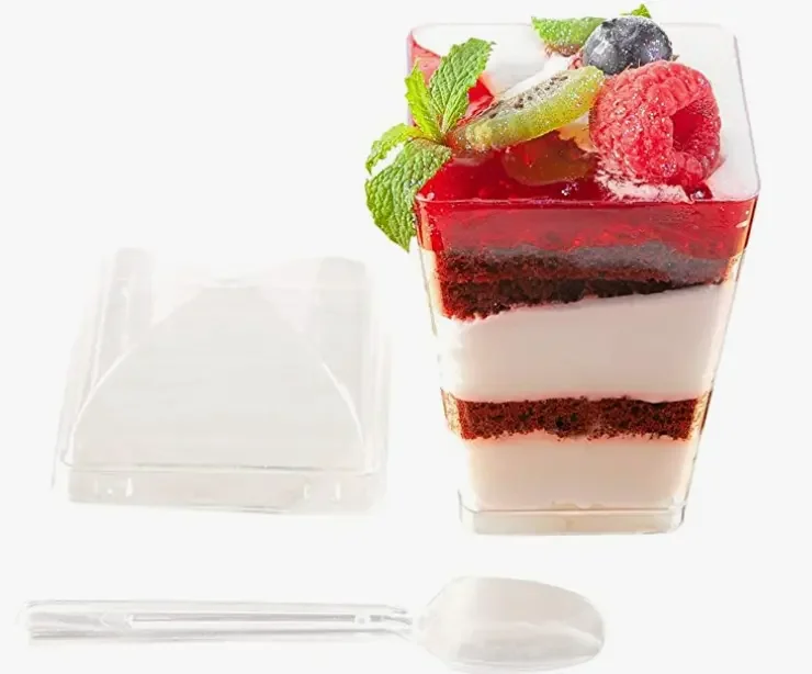 food grade cake cups 5oz Square Shape PS plastic disposable mousse dessert cup with spoon