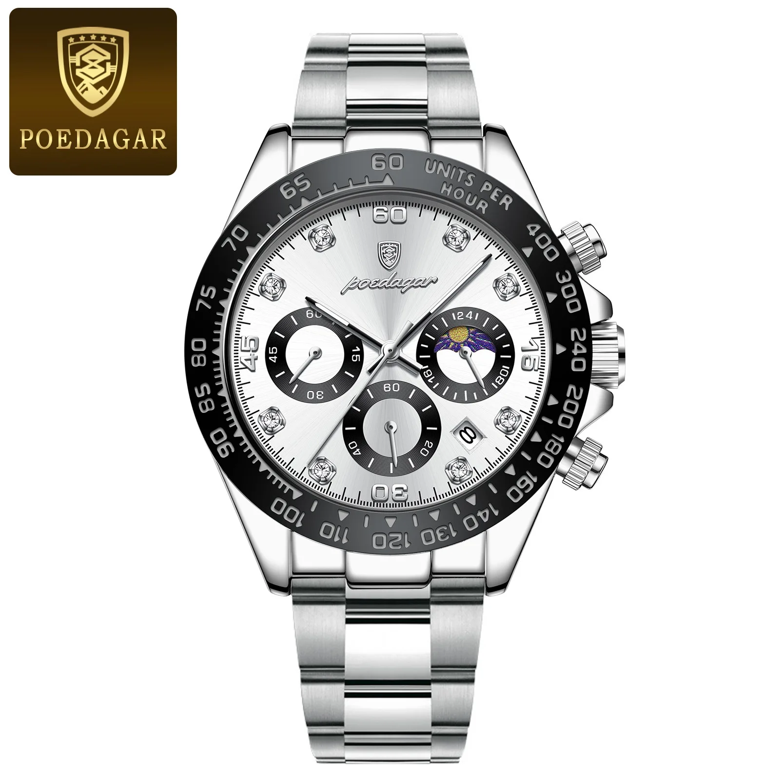 POEDAGAR 629 Men Watch Top Luxury Sport Chronograph Quartz Watches Stainless Steel Waterproof Luminous Date Week Business Wrist