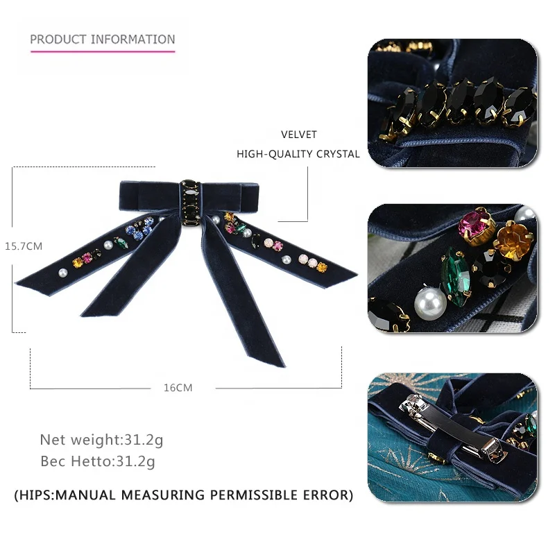 Oversize Girls Women Velvet Hair Bow Clips Fashion Head Wear Colorful Crystals Hair Accessories