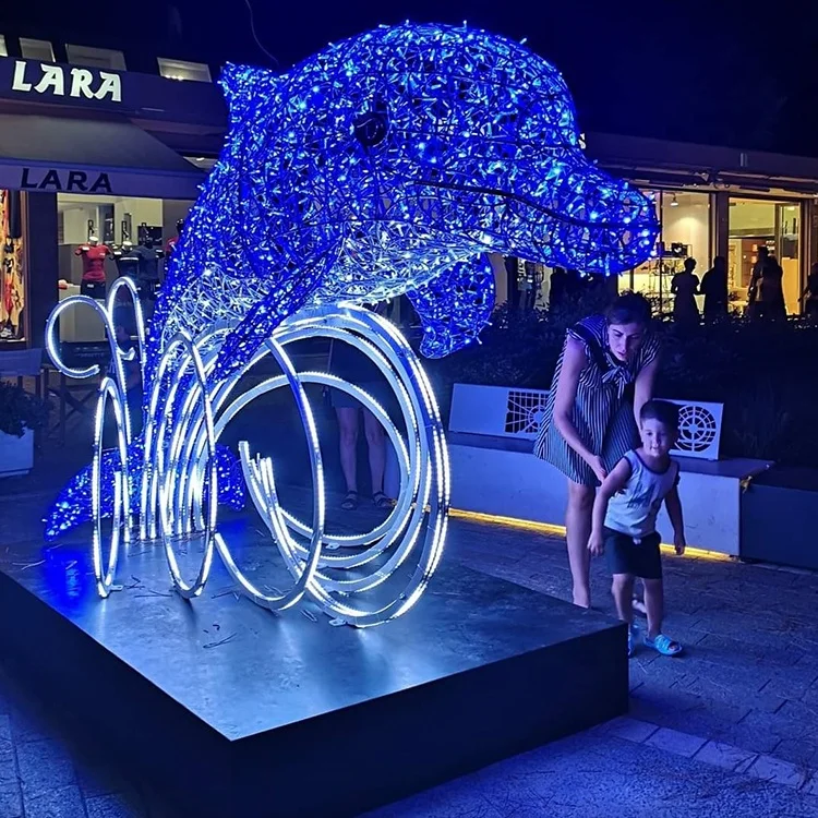 Customized 3D Dolphin Motif Light Marine Theme Decorative Lighting Figure for Amusement Park Zoo Mall