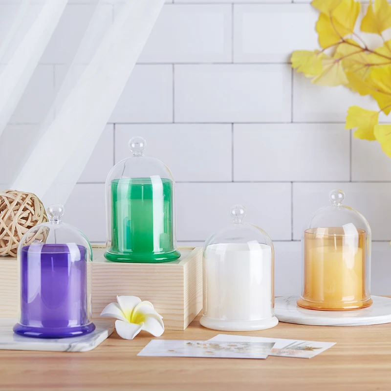 Handmade Round Clear Bell Shaped Colored Glass Candle Jars Cup Wedding Bell Jar with Glass Dome Cover
