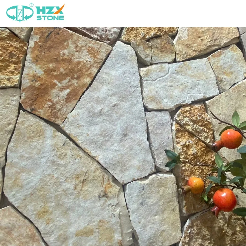 HZX Modern Yellow Stacked Stone Irregular Shape Yellow Rock Wall Natural Split Surface Finish Outdoor Villa Exteriors Antacid