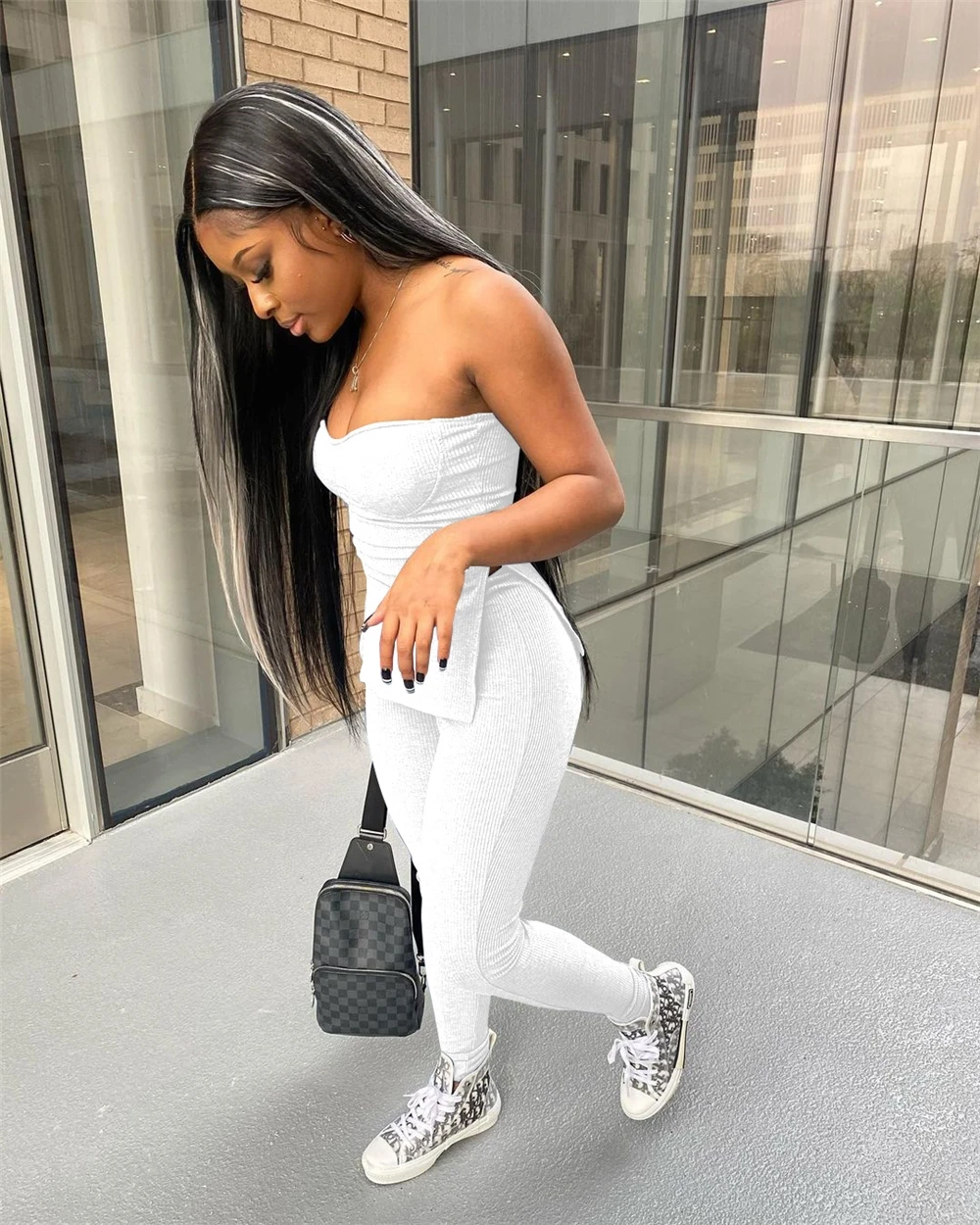 EB-2022052414   Ribbed 2 Piece Pants Set Women Off Shoulder Slim Fit Casual Two Piece Set Dresses Women 2022 Summer Clothes