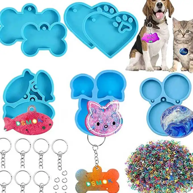 BO118 DIY cat tag dog tag fish shape dog bone love dog paw pet tag silicone keychain mold pet pendant epoxy resin mold set