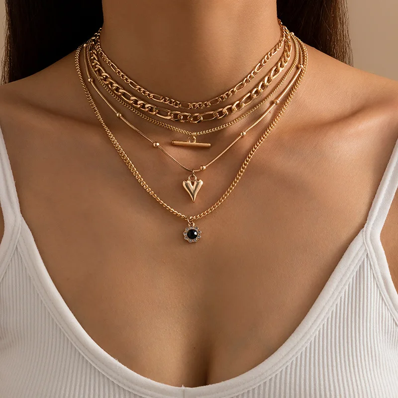 Fashion 18K Gold Plated Multi Layered Heart Choker Diamond Pendent Thick Chunky Miami Cuban Chain Necklace