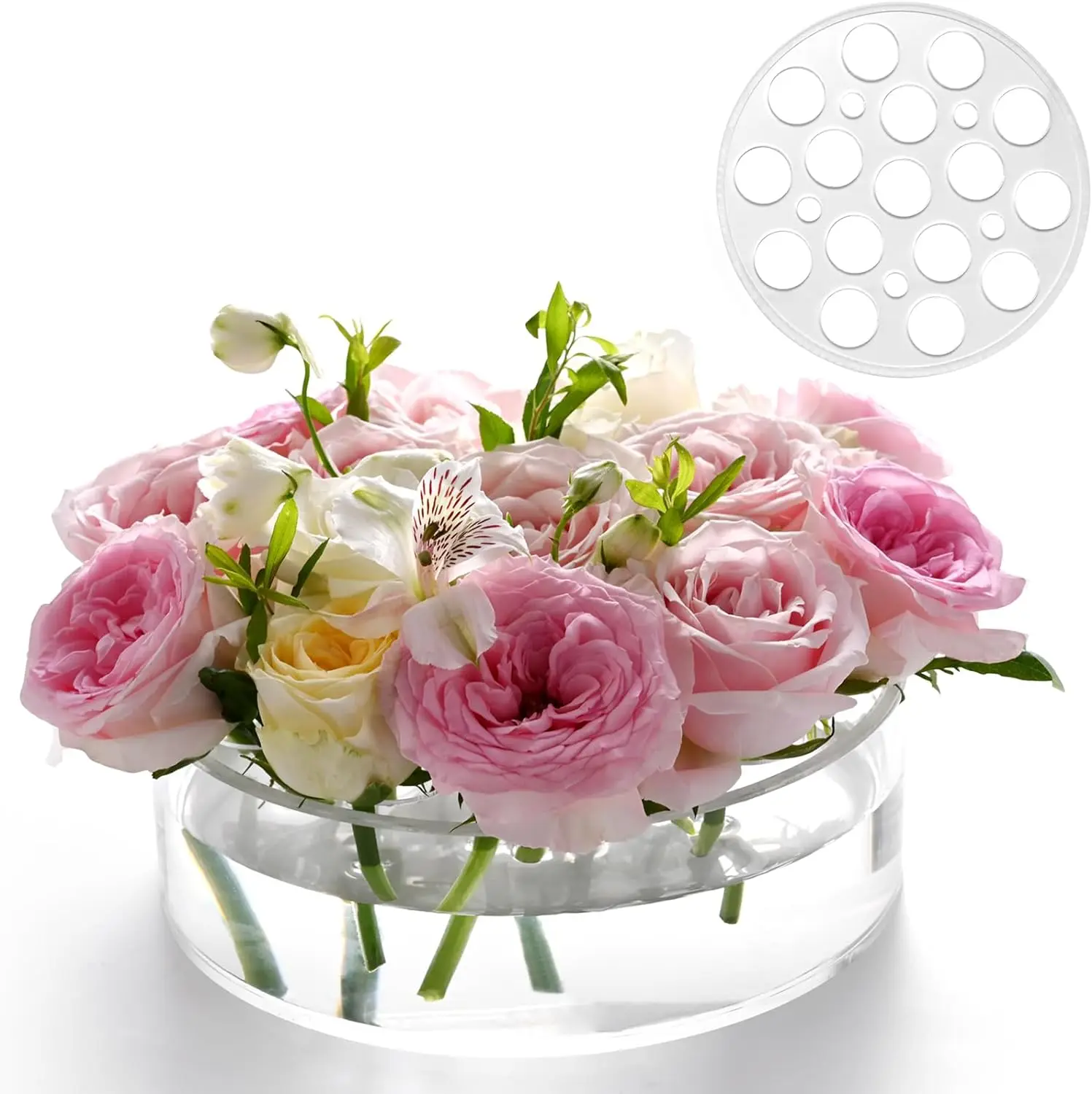 Acrylic Flower Vase, Leak-Proof Clear Acrylic Low Vase with 16+5 Holes - Low-Profile Cylinder Floral Centerpiece for Table