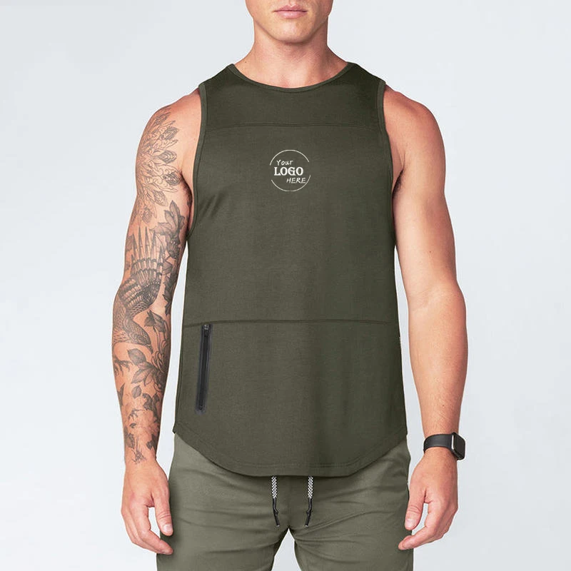 Summer bodybuilding singlet 100 cotton zip pocket curved hem gym workout tank top for men