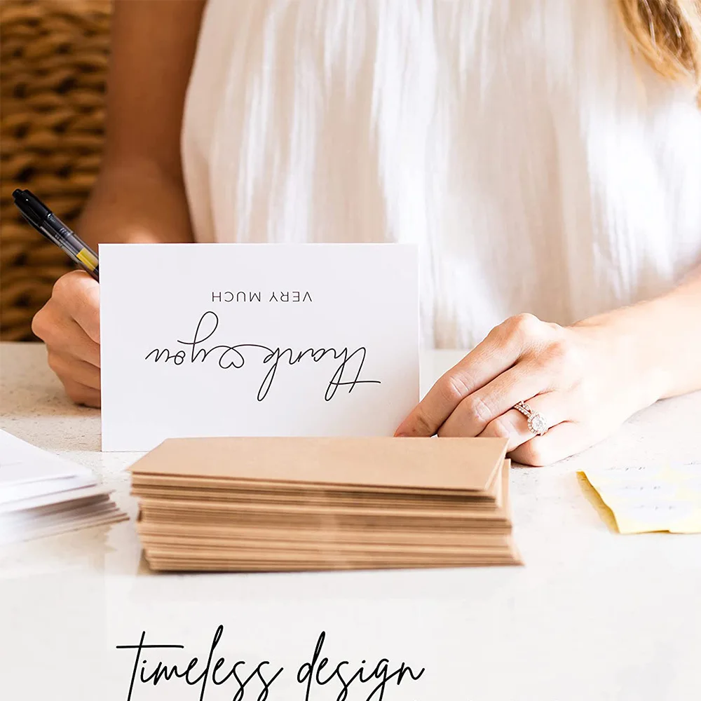 4x6 Inch Minimalist Design Folded Wedding Blank Thank You Cards with Kraft Envelopes and Matching Stickers