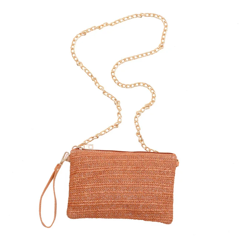 Chic Eco Friendly Handwoven Straw Crossbody Handbag Girl Summer Beach Gold Chain Square Zipper Clutch Bag Women Vacation Purse