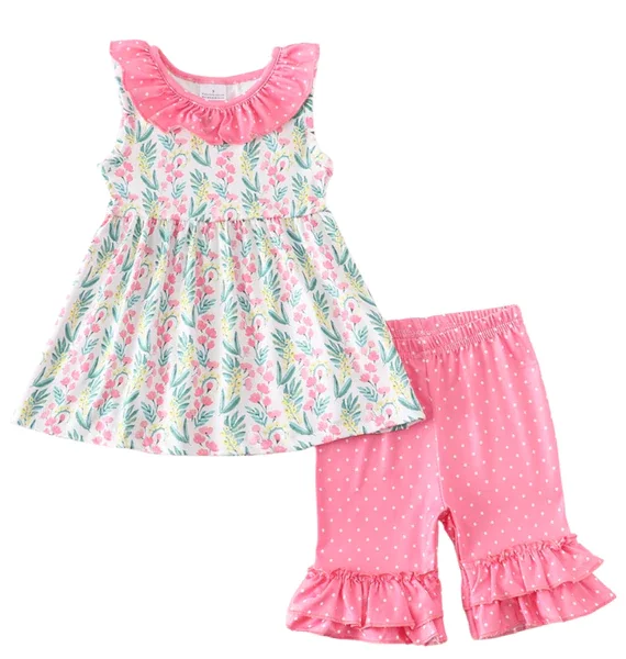 summer boutique short sleeve new children clothing oranges print lace hem dress deep green ruffle trousers girls clothing sets