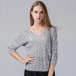 Новинка осени 2017, женский свитер большого размера, Женский пуловер с рукавом летучая мышь и V-образным вырезом