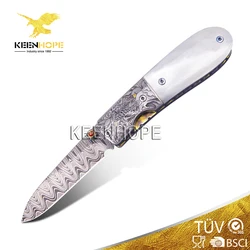 Damascus Folding Pocket Knife USA Mike Norris Composite Ladder Pattern Titanium TC4 Hand Engraving Scroll Flower pattern Handle