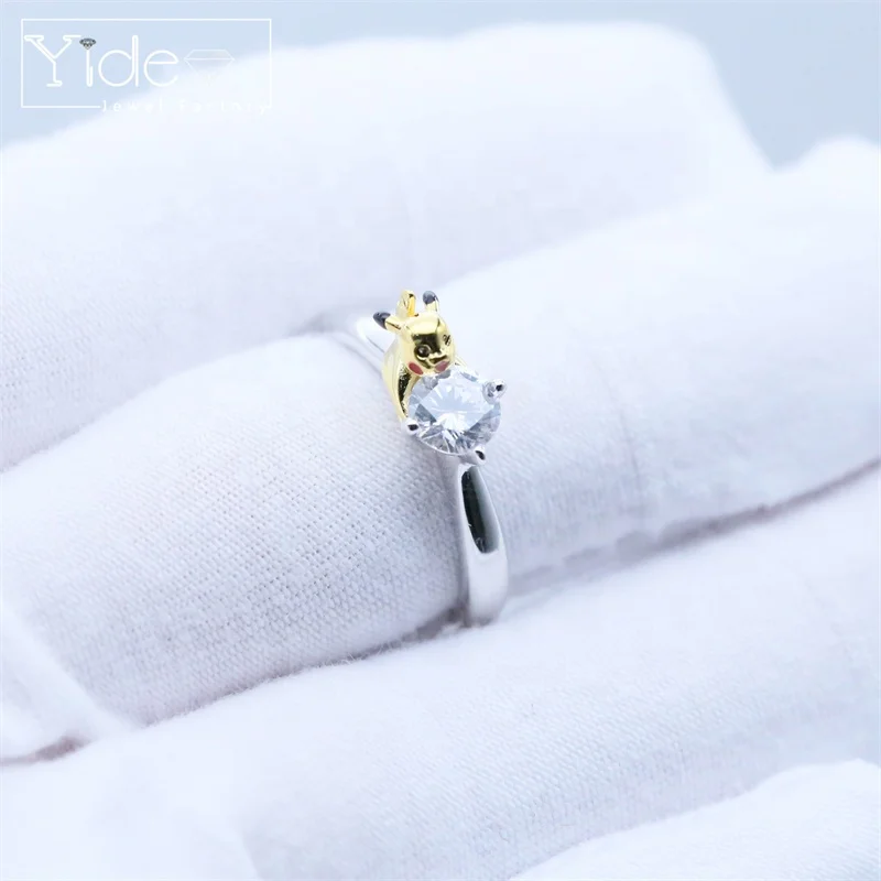 High quality large stone silver ring custom made logo design enamel pikachu wedding ring wholesale