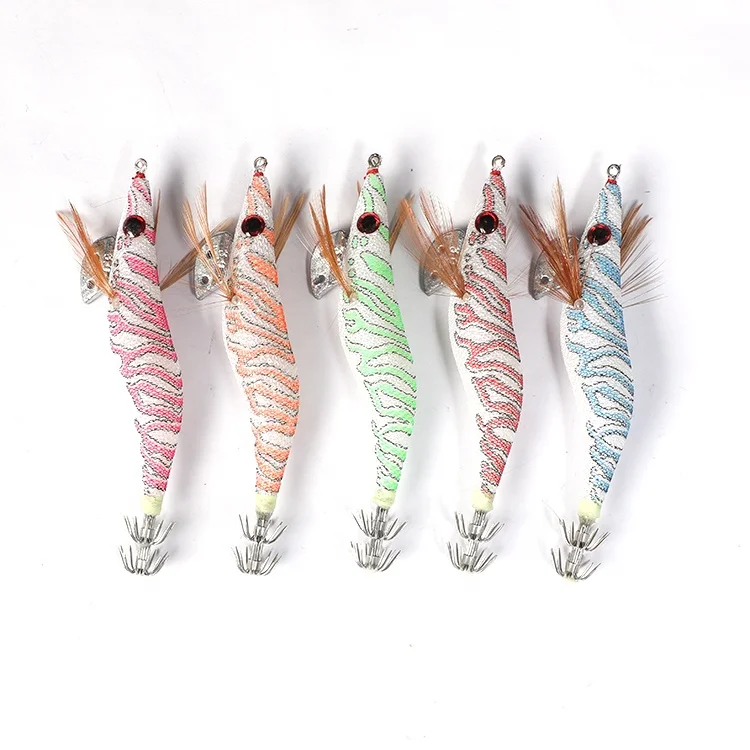 High Simulated  Wooden Plastic Squid Jig Shrimp Tail Double Row Hooks For Saltwater Fishing