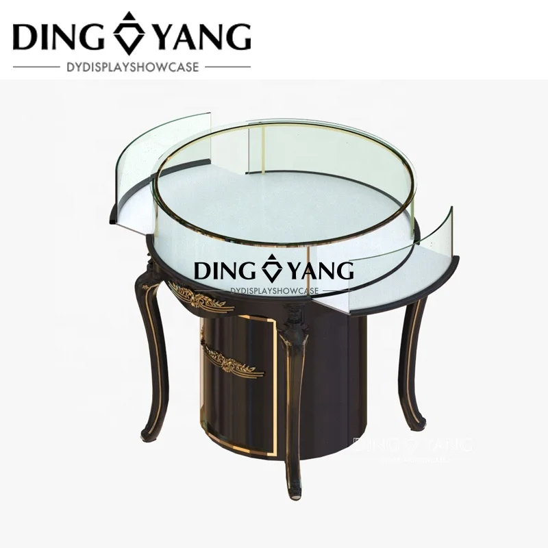 European Wooden Glass Glossy Black Golden Round Jewelry Showcase Manufacturer Custom Jewelry Showcase With Led Lights