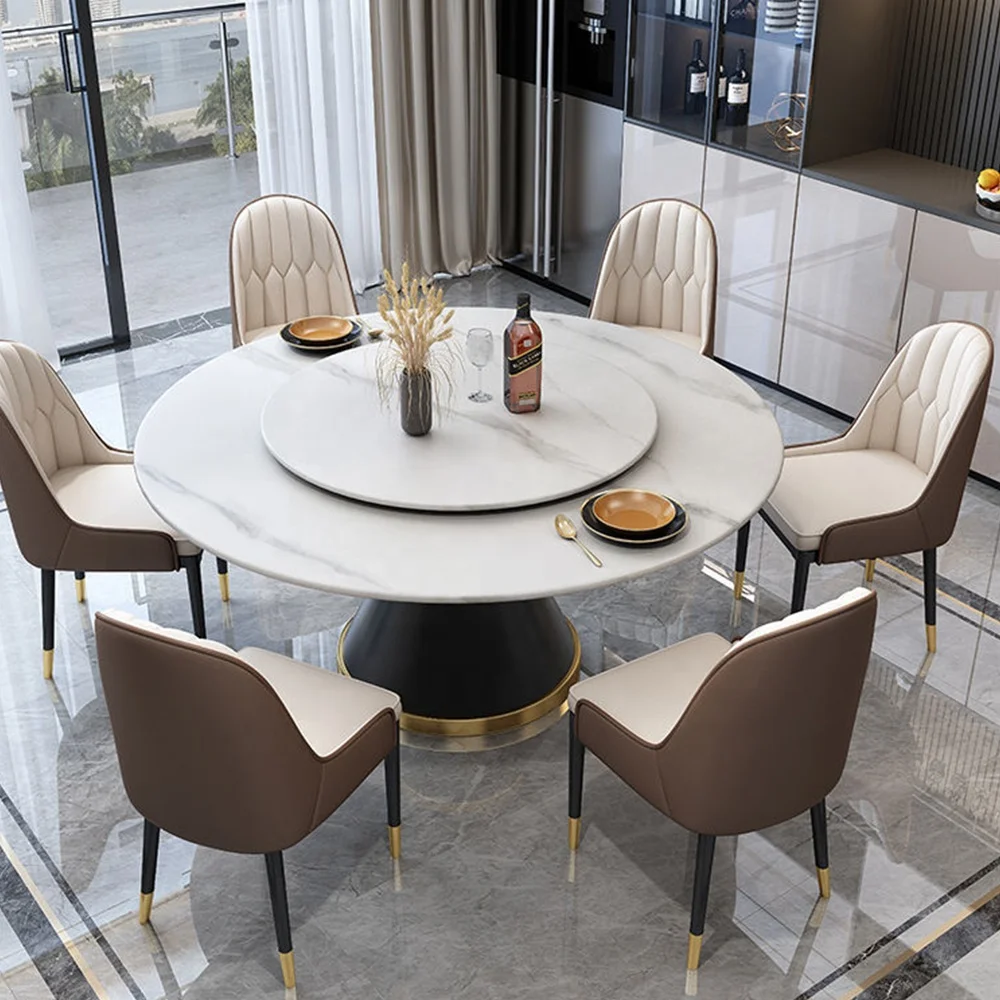 Light Luxury Marble Round Dining Table Dining Table and Chair Combination Italian Slate Dining Table with Turntable Post-modern