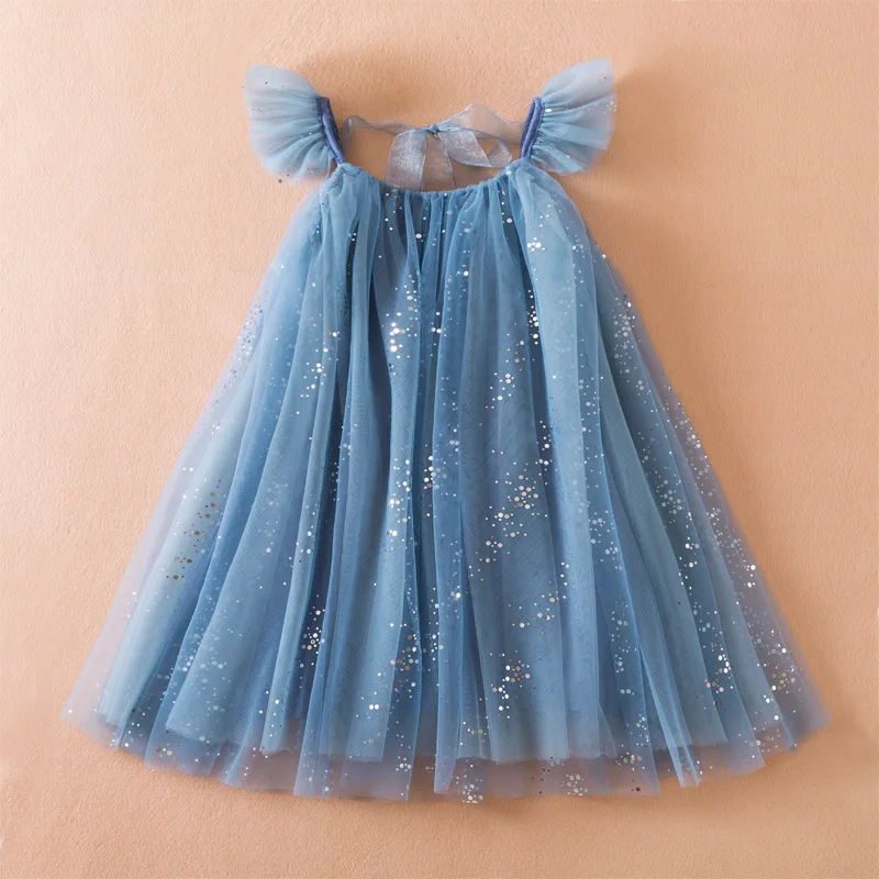 Flare sleeve glitter solid color cotton lining tulle kids girl summer dress
