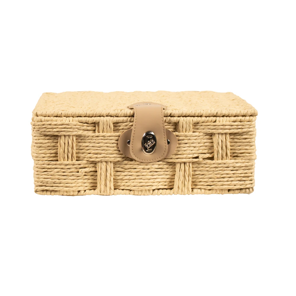 JY Small PP Paper Rattan Rectangular Storage Baskets Weave Woven Basket With Lid Serving Tray Toy Storage Baskets