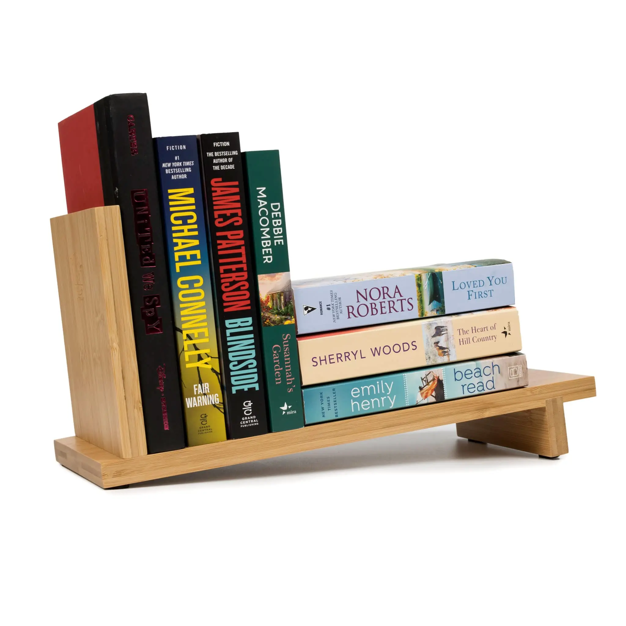 Desktop Wood Bookshelf with Wooden Bookend, Bamboo Desk Organizer Shelf and Display Rack with Book Ends for Office